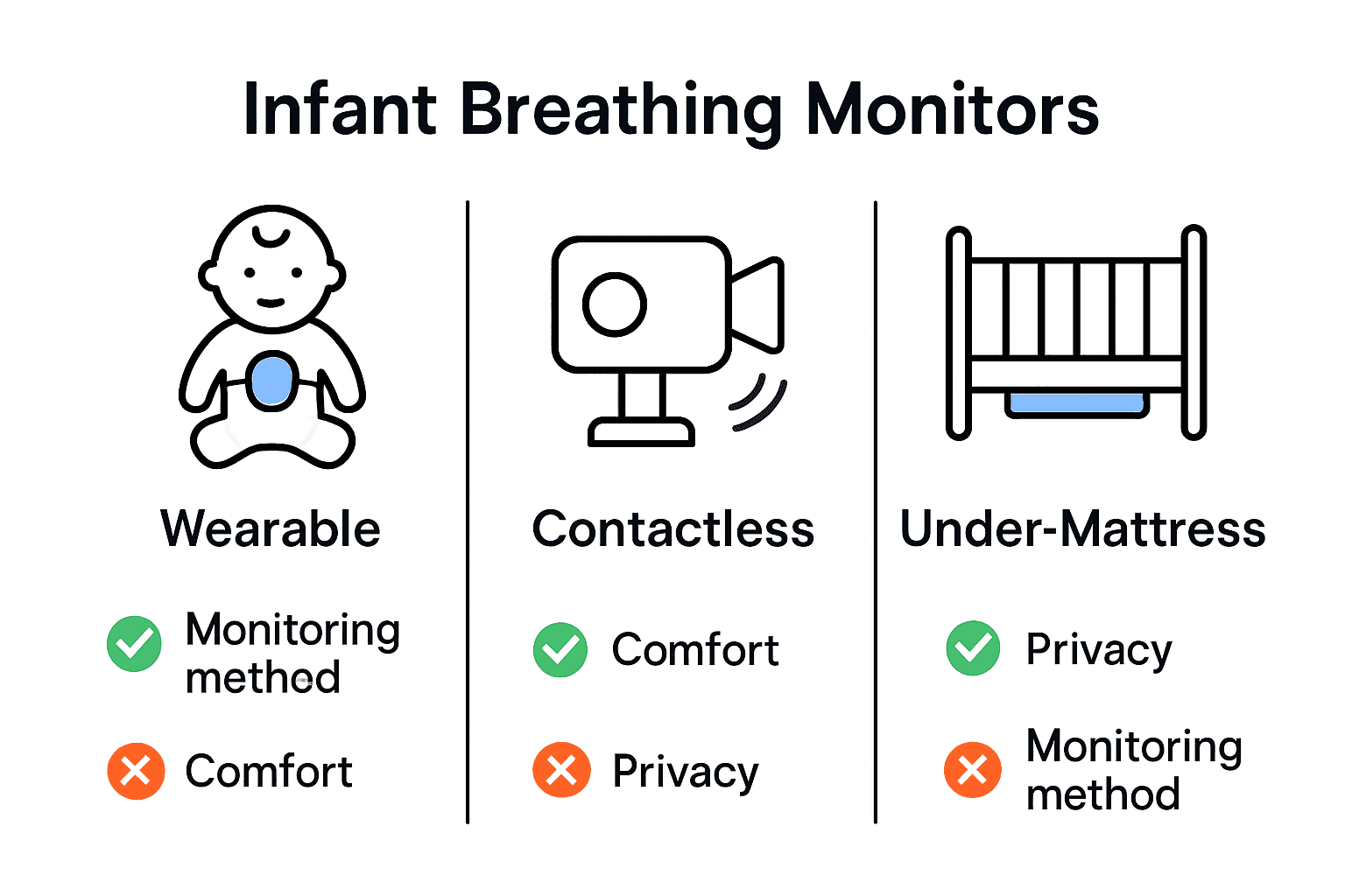 Comparison chart with icons for wearable, contactless, and under-mattress baby monitors, showing pros and cons.