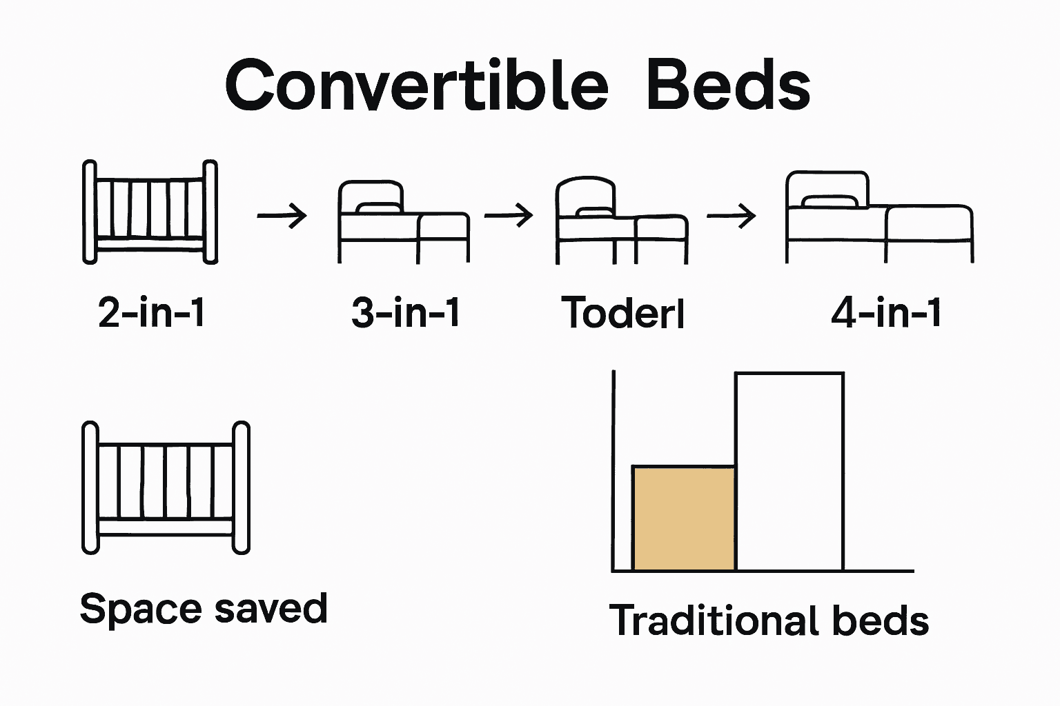 Infographic comparing features and configurations of 2-in-1, 3-in-1, and 4-in-1 convertible toddler beds.
