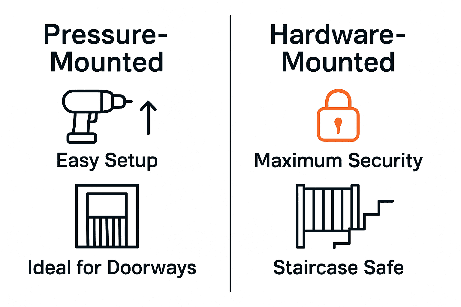 Infographic comparing pressure-mounted and hardware-mounted pet gates for installation, best use, and security.