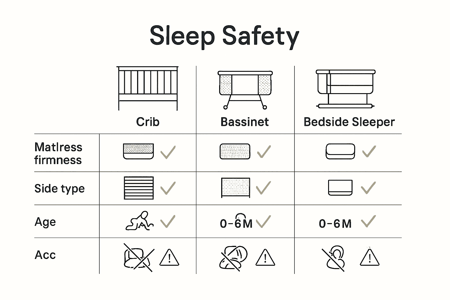 Infographic comparing crib, bassinet, bedside sleeper safety features.