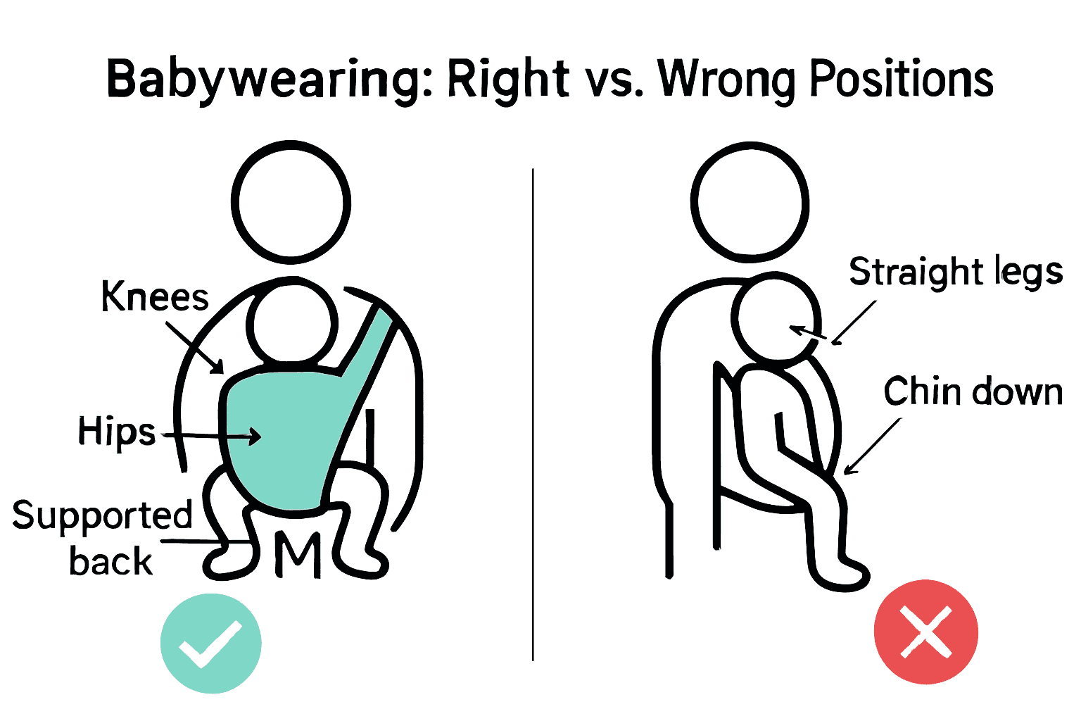 Infographic comparing correct and incorrect babywearing positions with icons highlighting hip and spine alignment.