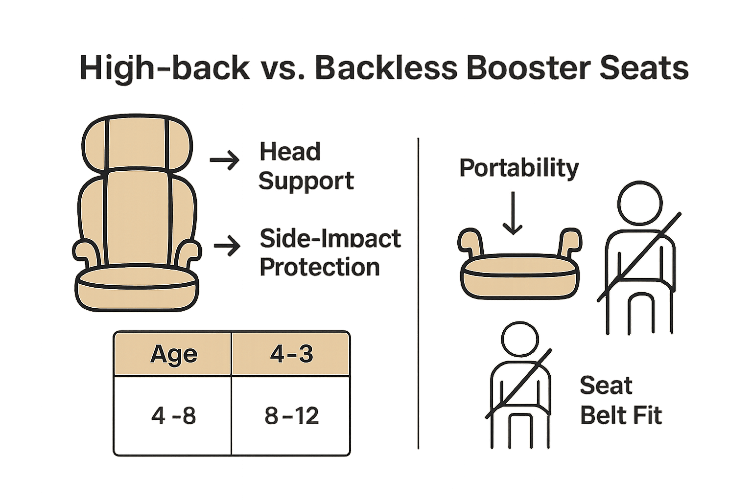 Infographic comparing high-back and backless booster seat features and safety benefits