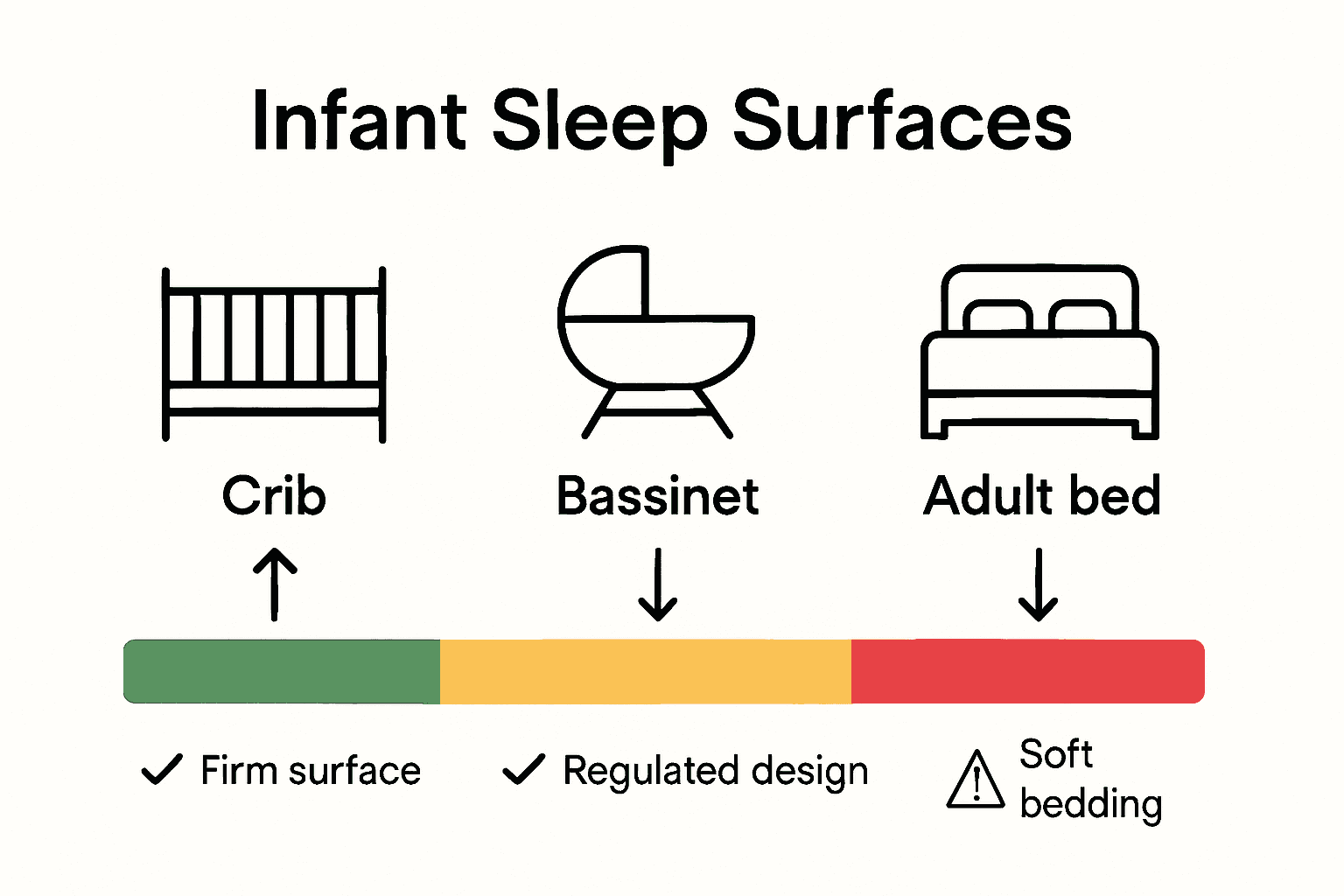Infographic visually comparing crib, bassinet, and adult bed safety features for infant sleep.