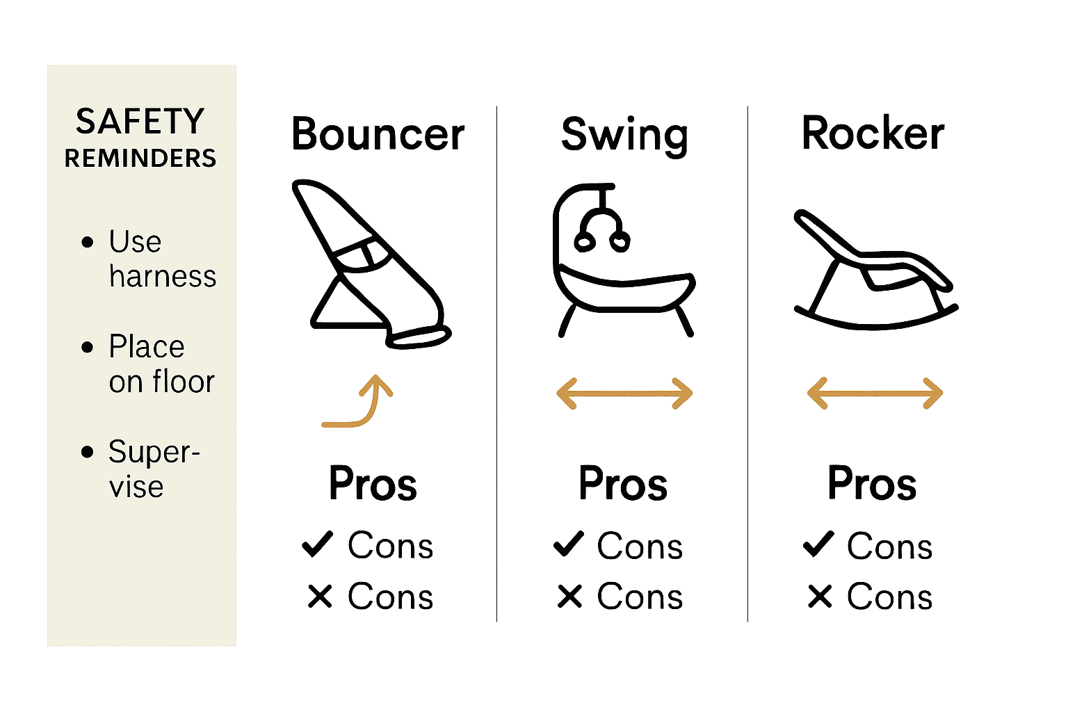 Infographic comparing infant bouncer frames, swings, and rockers with icons and key features.