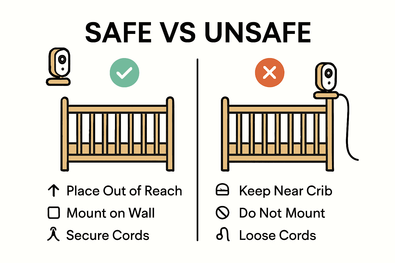 Infographic comparing safe and unsafe baby monitor placements with icons and key tips.