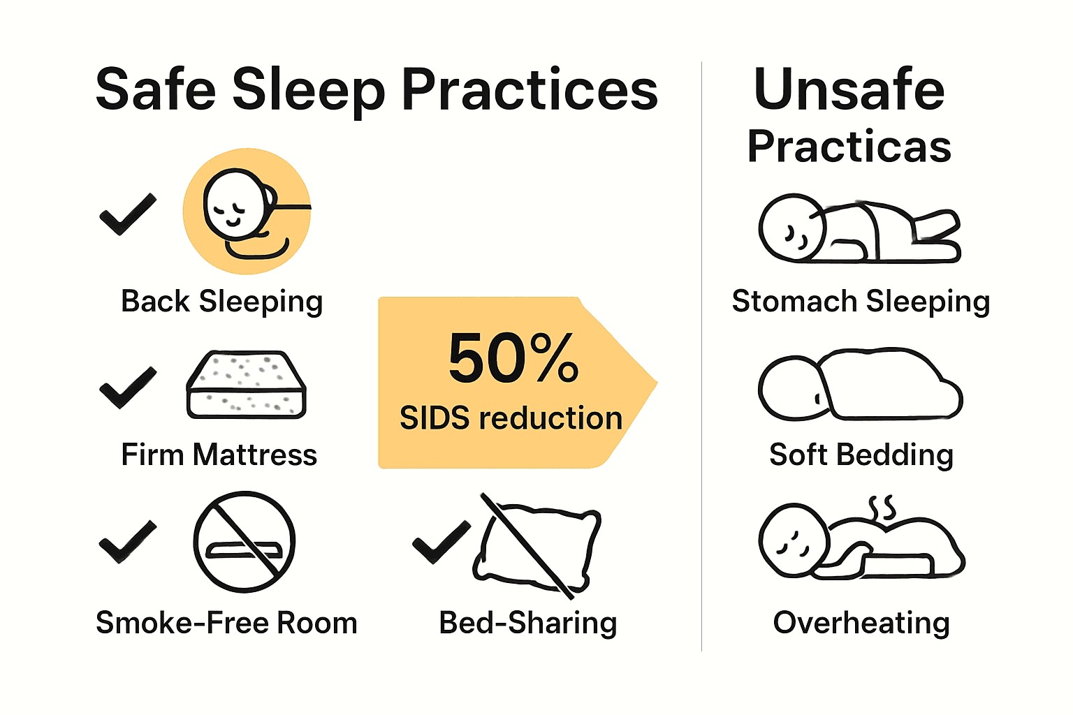 Infographic comparing safe and unsafe infant sleep practices with visual icons and key statistics.