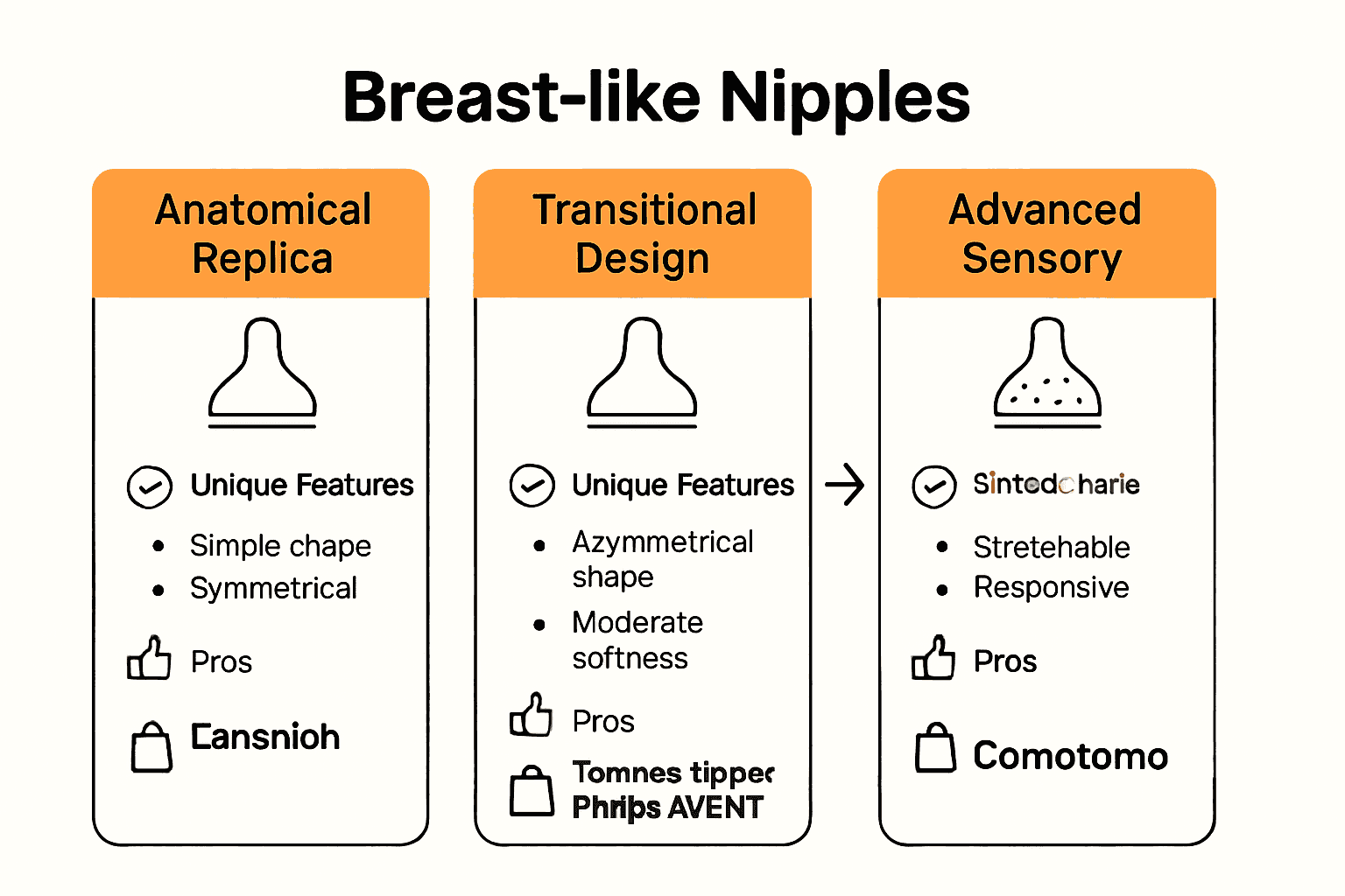 Infographic comparing three main categories of breast-like nipples for babies.