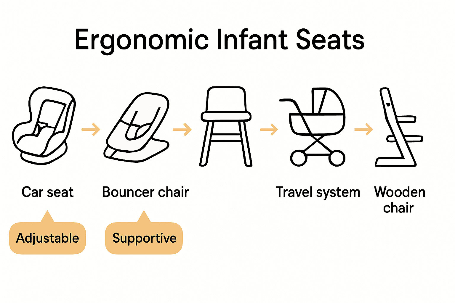 Infographic comparing five ergonomic infant seat types and their key features.