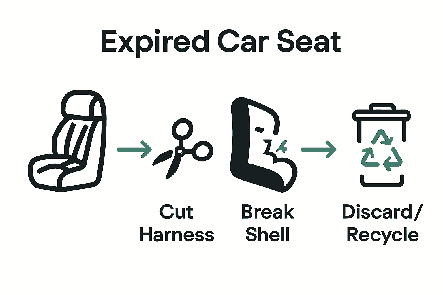 Infographic illustrating the four-step process to dispose of an expired car seat with icons.