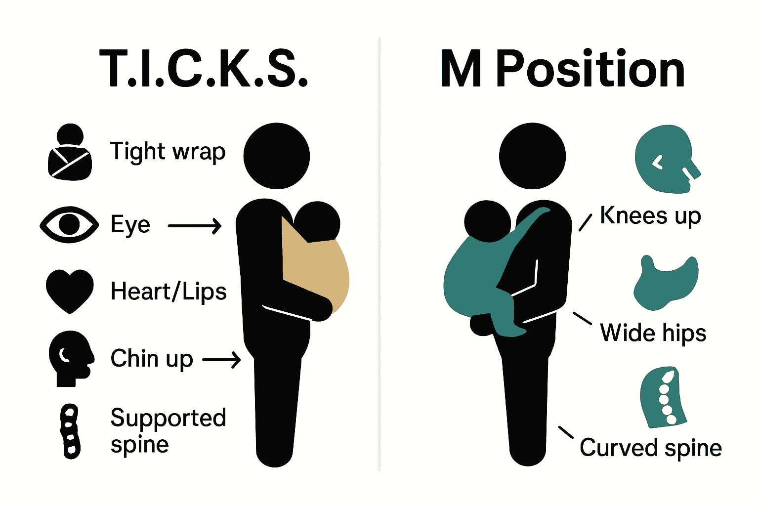 Diagram comparing T.I.C.K.S safety rule and M position for babywearing.