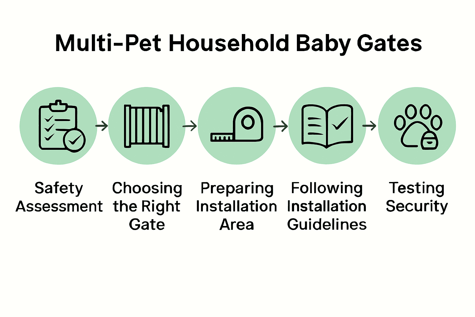 Five-step process infographic for safe multi-pet baby gate installation.