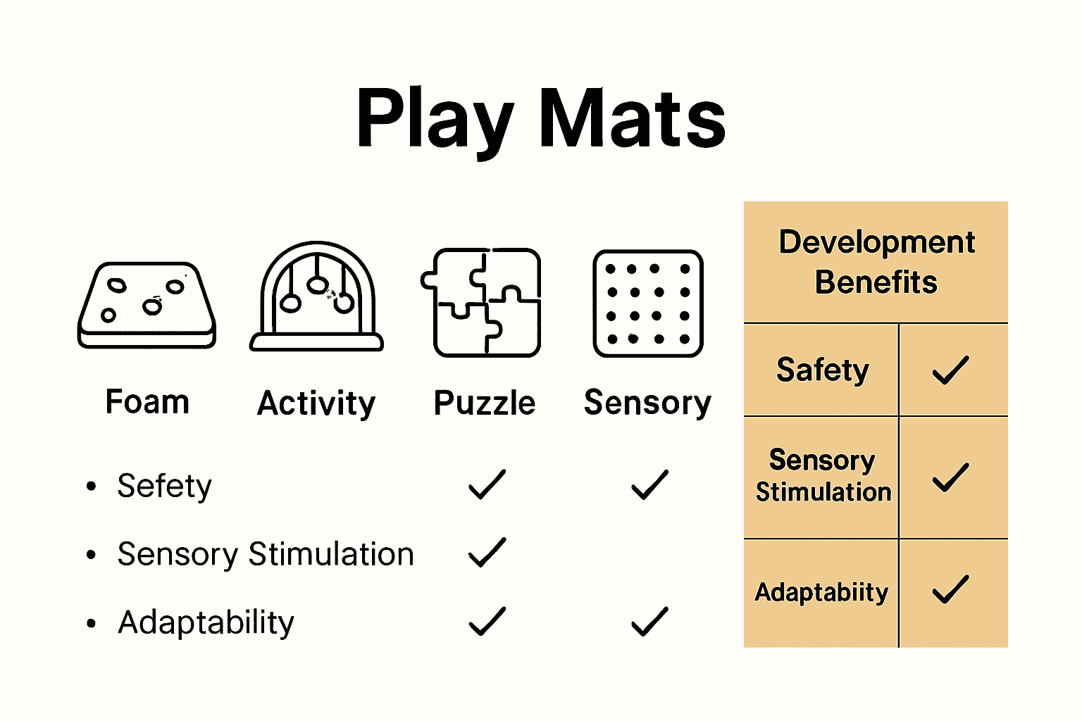 Infographic comparing foam, activity, puzzle, and sensory play mats and benefits.