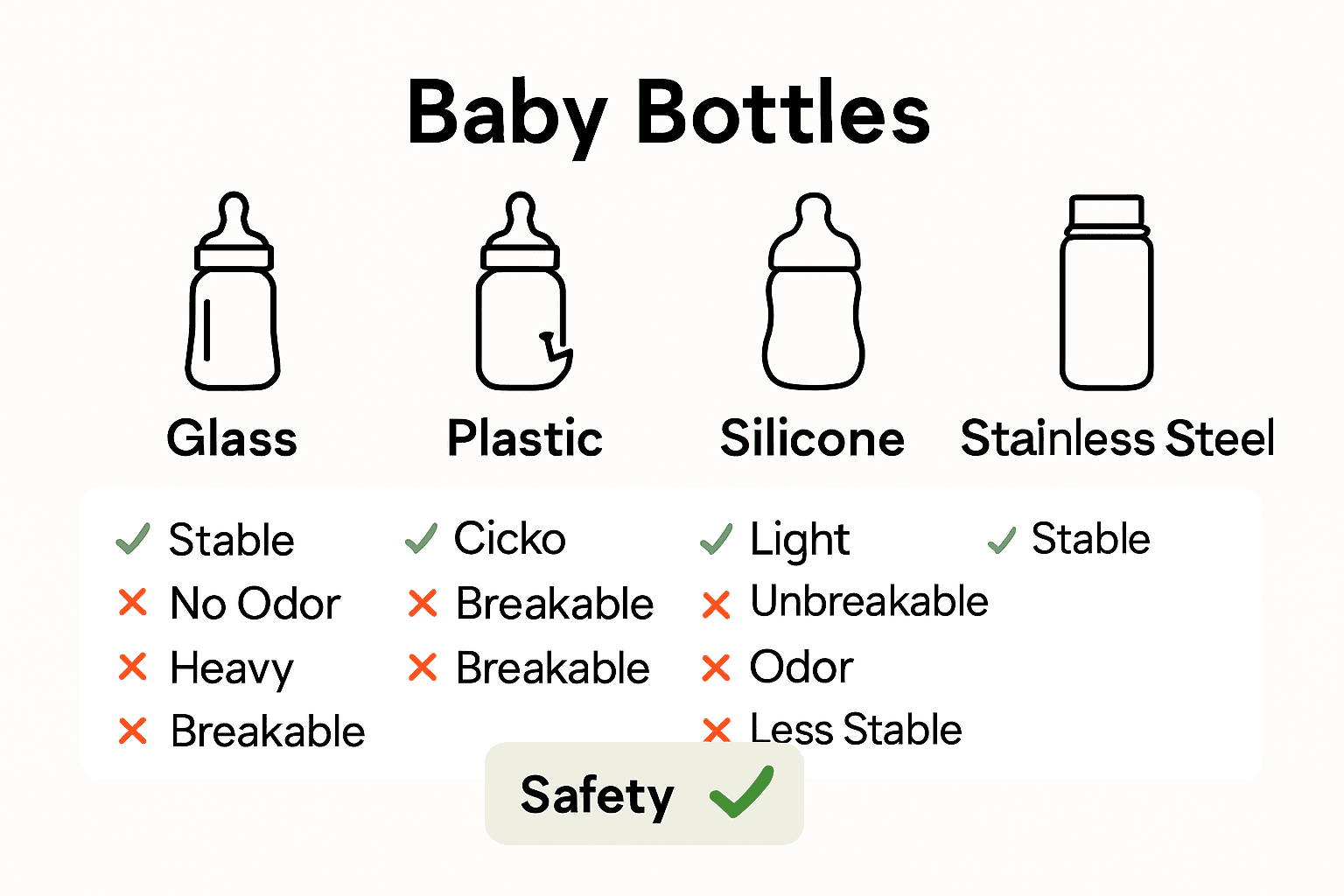 Comparison of baby bottle materials with pros, cons, and compatibility icons.
