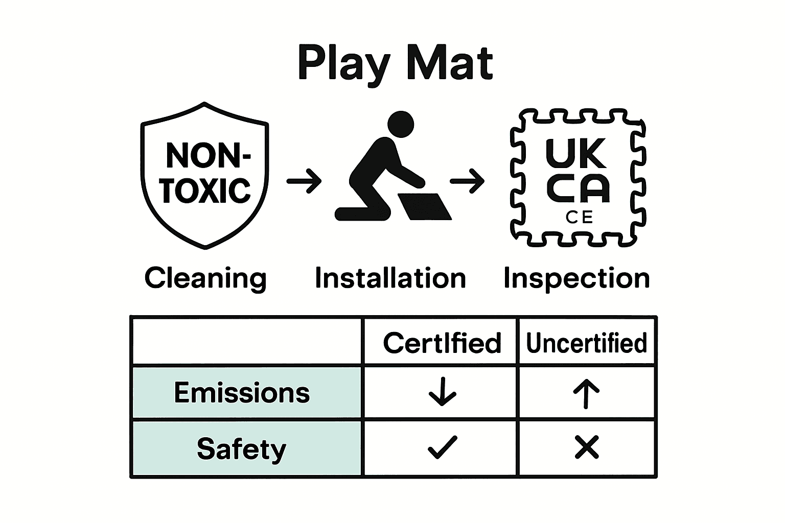 Infographic showing safe play mat materials, installation steps, and certification comparison
