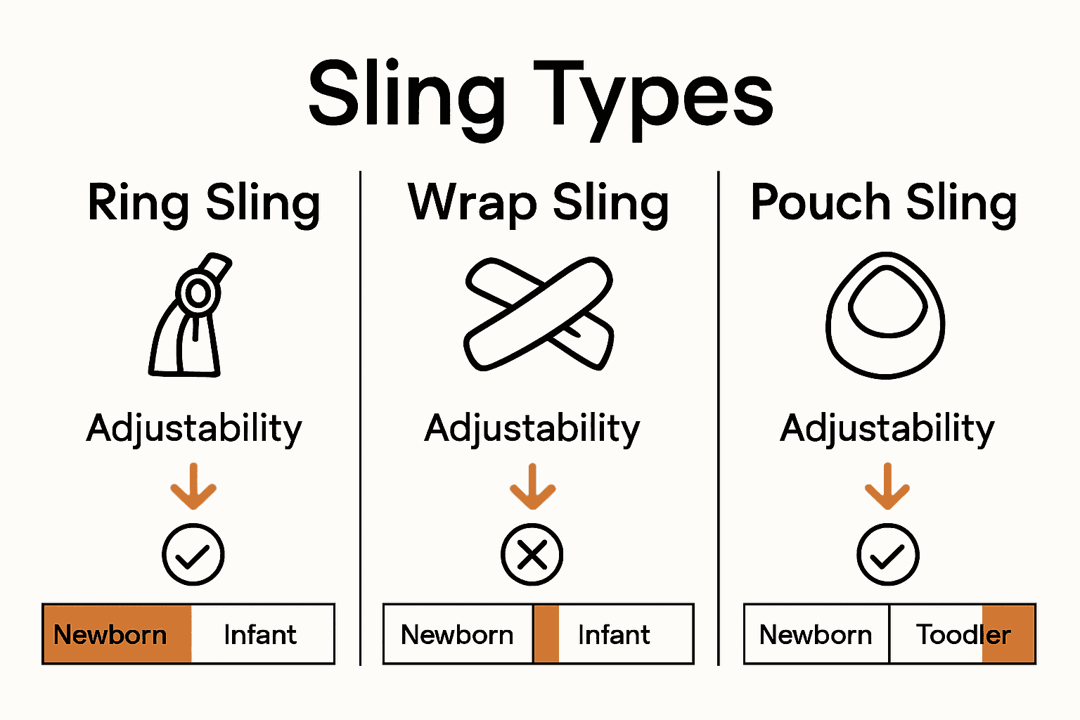 Infographic comparing ring, wrap, and pouch slings for newborns.