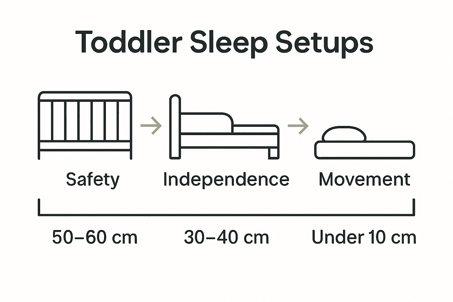 Infographic comparing floor bed, toddler bed, and crib by height, safety, and independence.