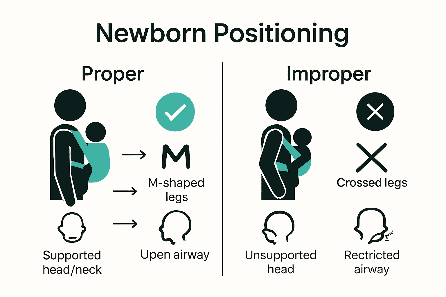 Infographic shows correct and incorrect newborn carrying positions with icons for head, hips, and breathing.