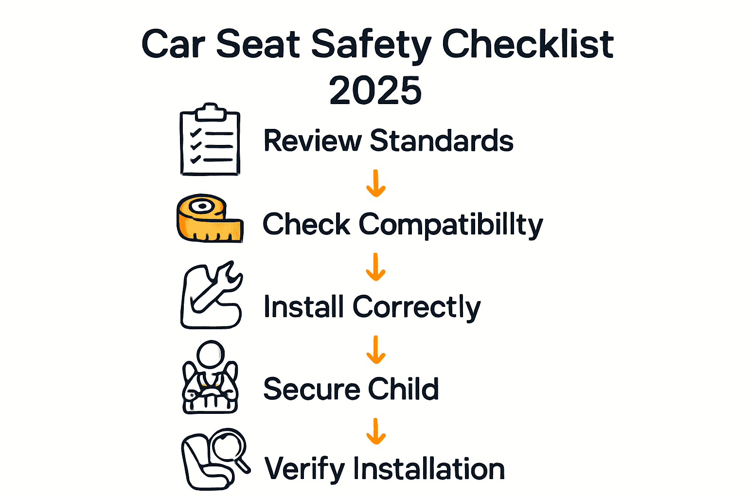 Five steps of car seat safety checklist, with icons for each stage.