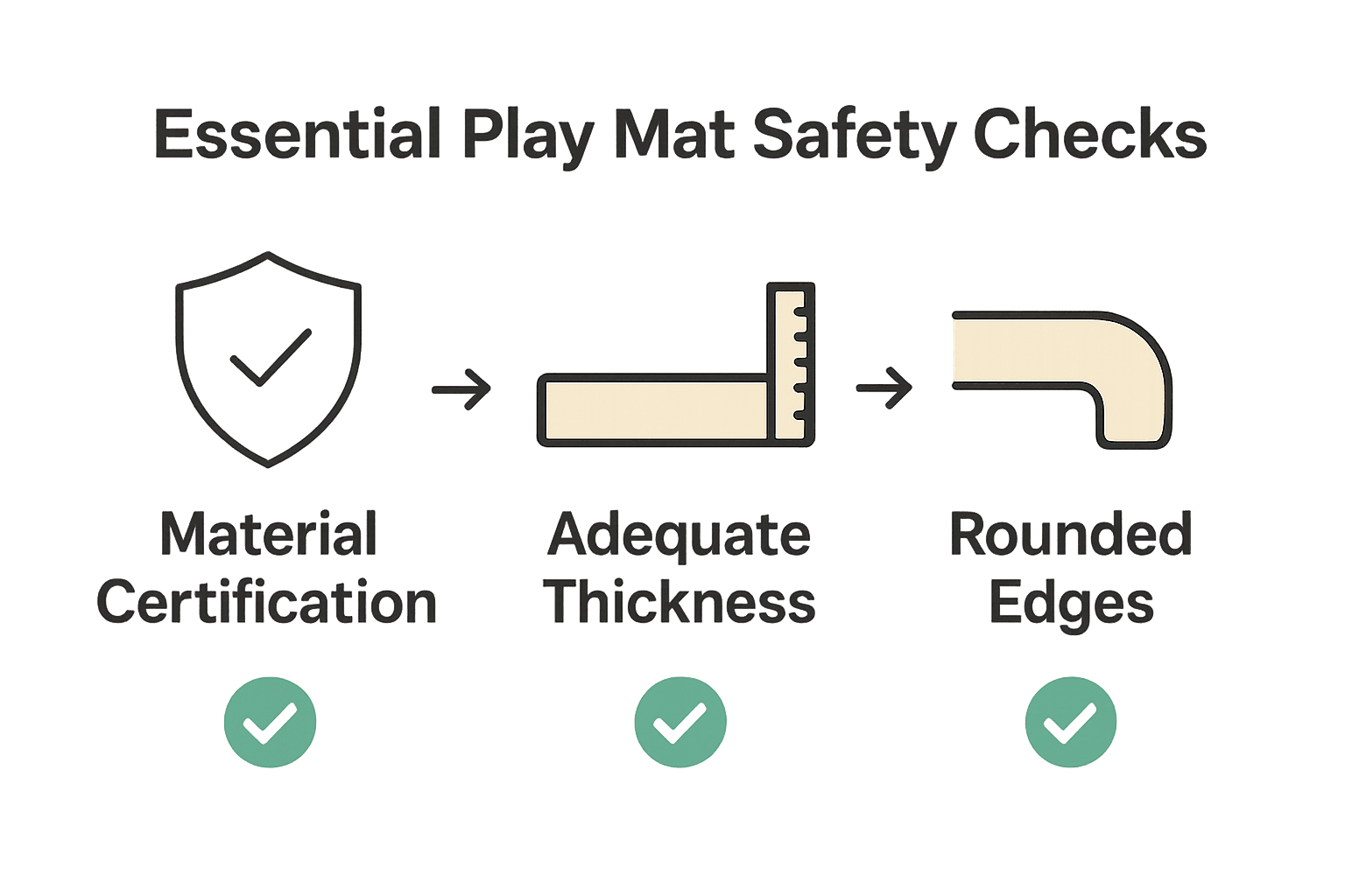 Infographic depicting play mat safety features: certification, thickness, rounded edges.