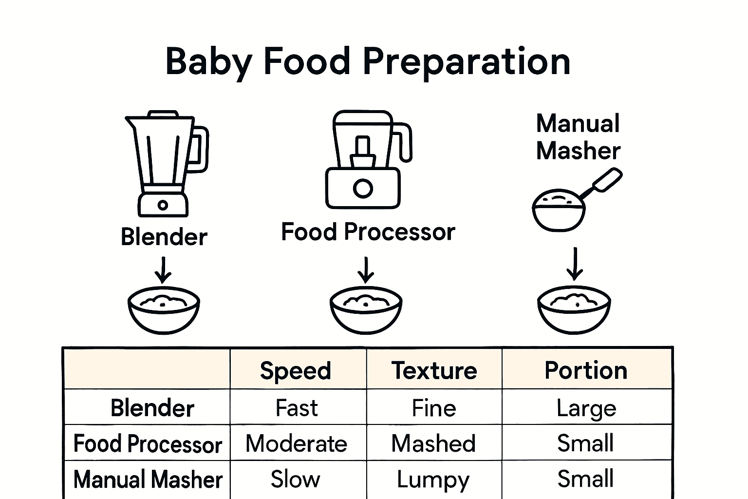 Infographic showing blender, food processor, masher comparison for baby pureeing.