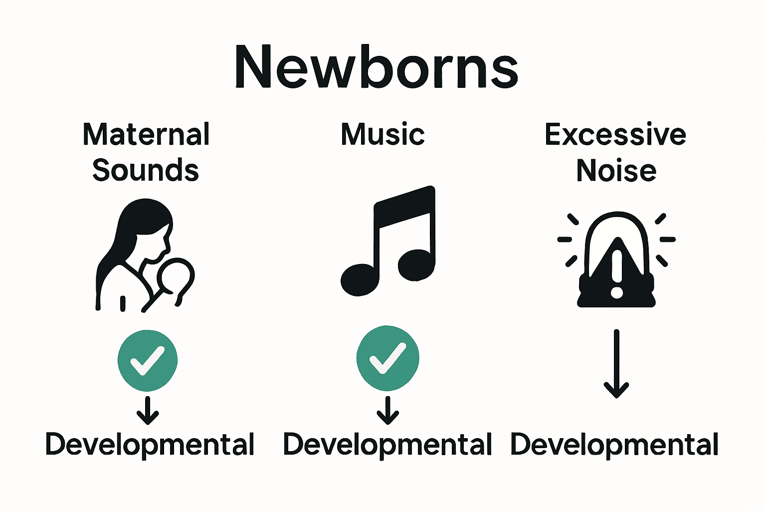 Infographic contrasting maternal sounds, music, and noise outcomes for newborns