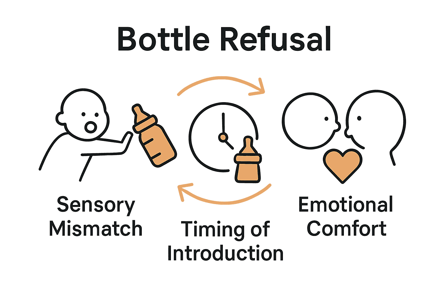 Infographic with sensory mismatch, timing, and emotional comfort as bottle refusal causes.