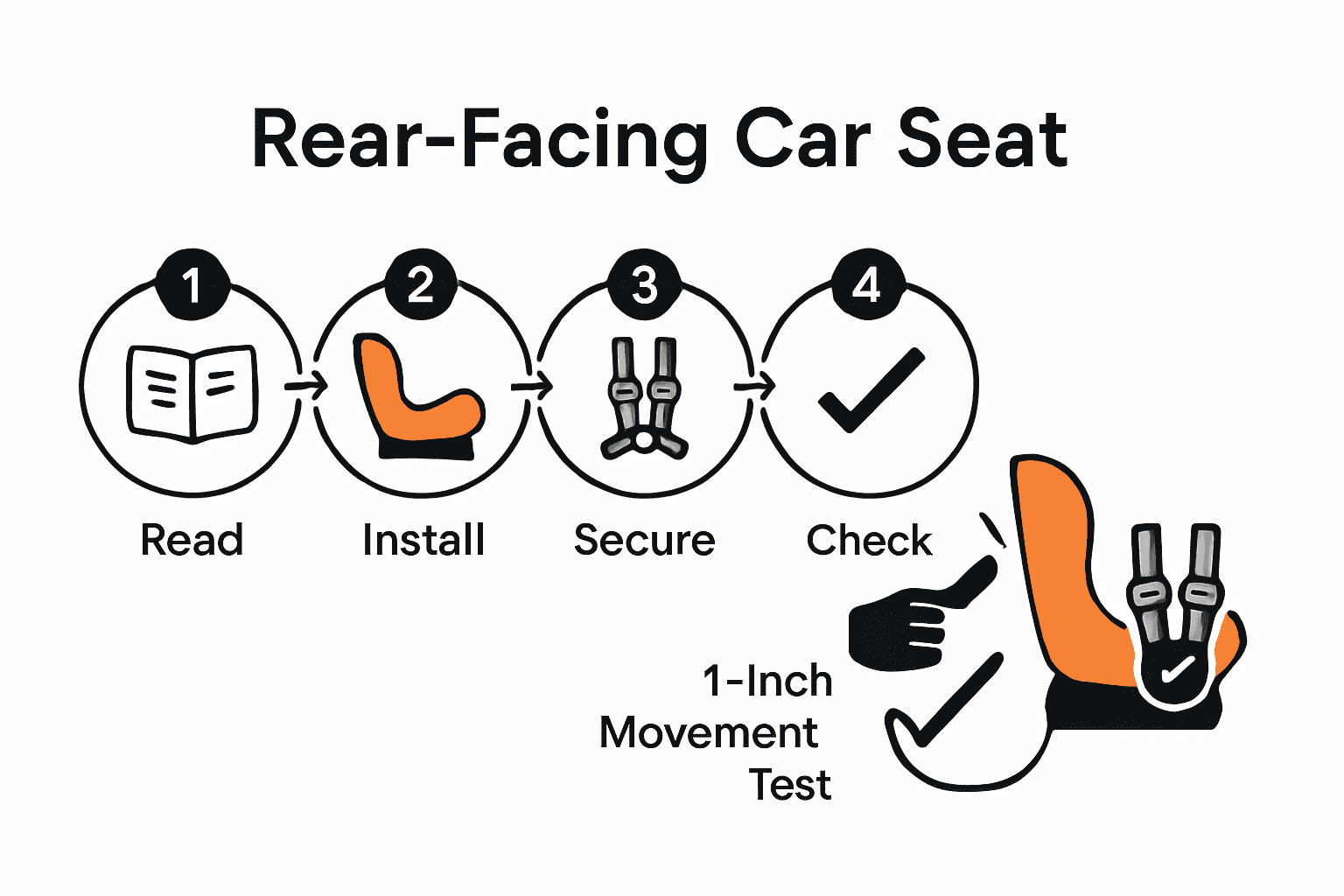 Infographic showing 5 steps for secure rear-facing car seat installation with icons for each step.