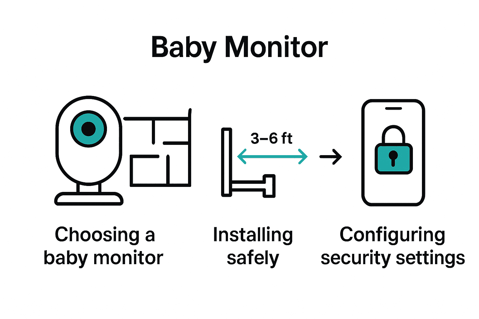 Infographic showing baby monitor selection, safe installation, and privacy configuration in three steps.