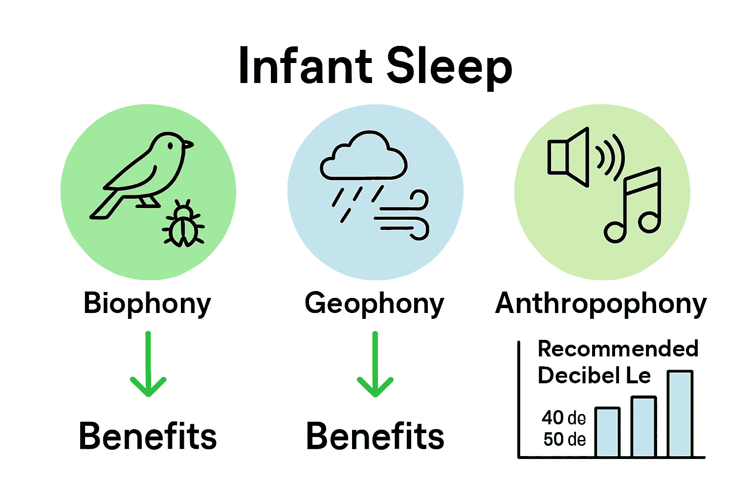 Infographic compares biophony, geophony, and anthropophony for infant sleep.