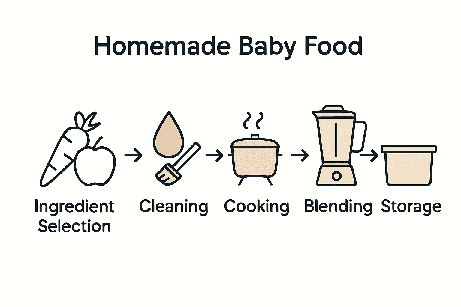 Infographic summarizing five steps of homemade baby food preparation with icons and arrows.