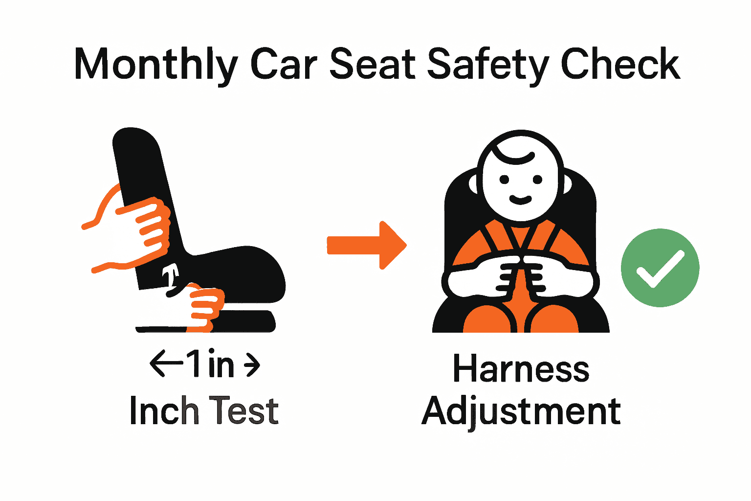 Monthly car seat safety check illustrating the inch test and harness adjustment steps.