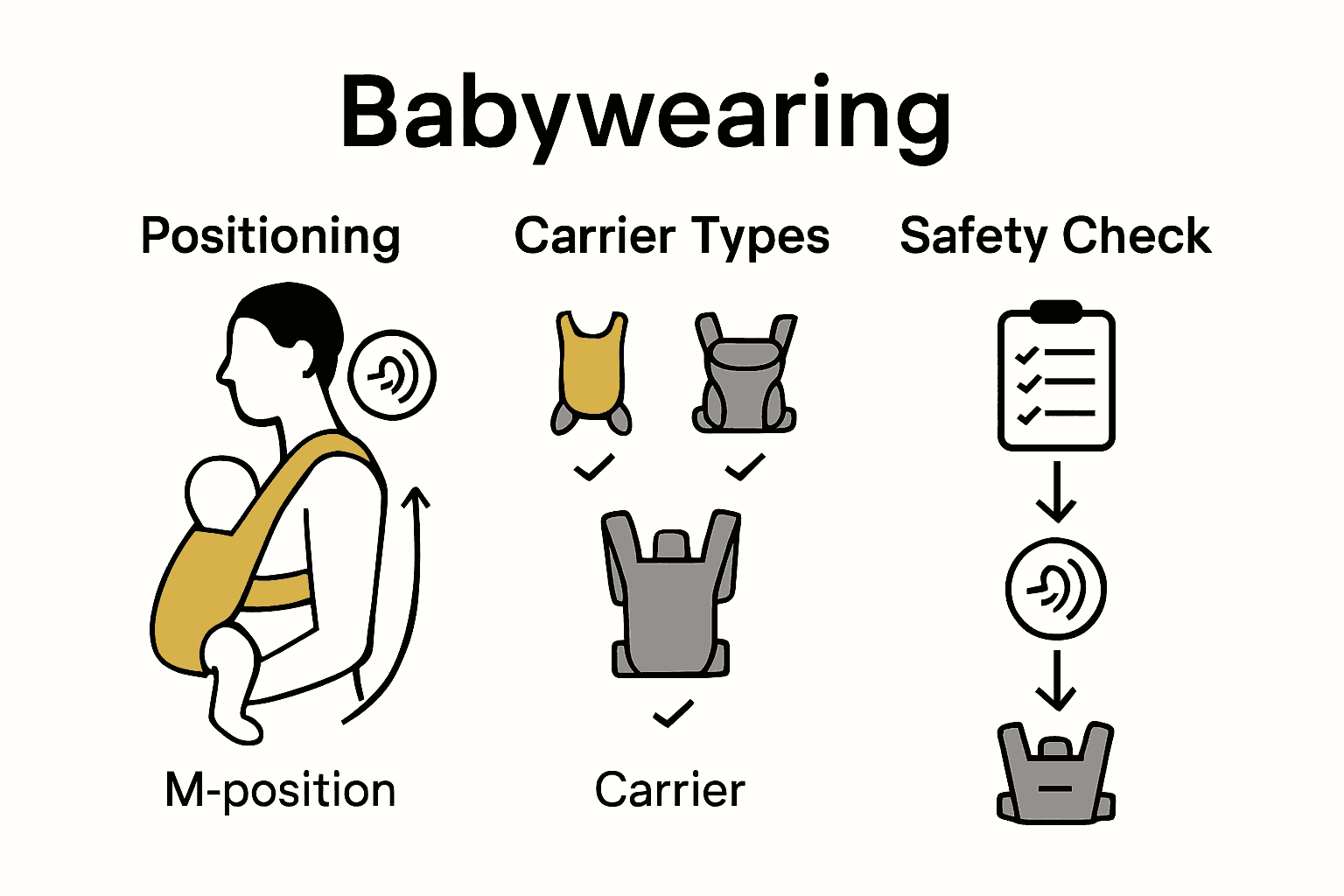 Infographic comparing baby carrier types and safe positioning essentials.