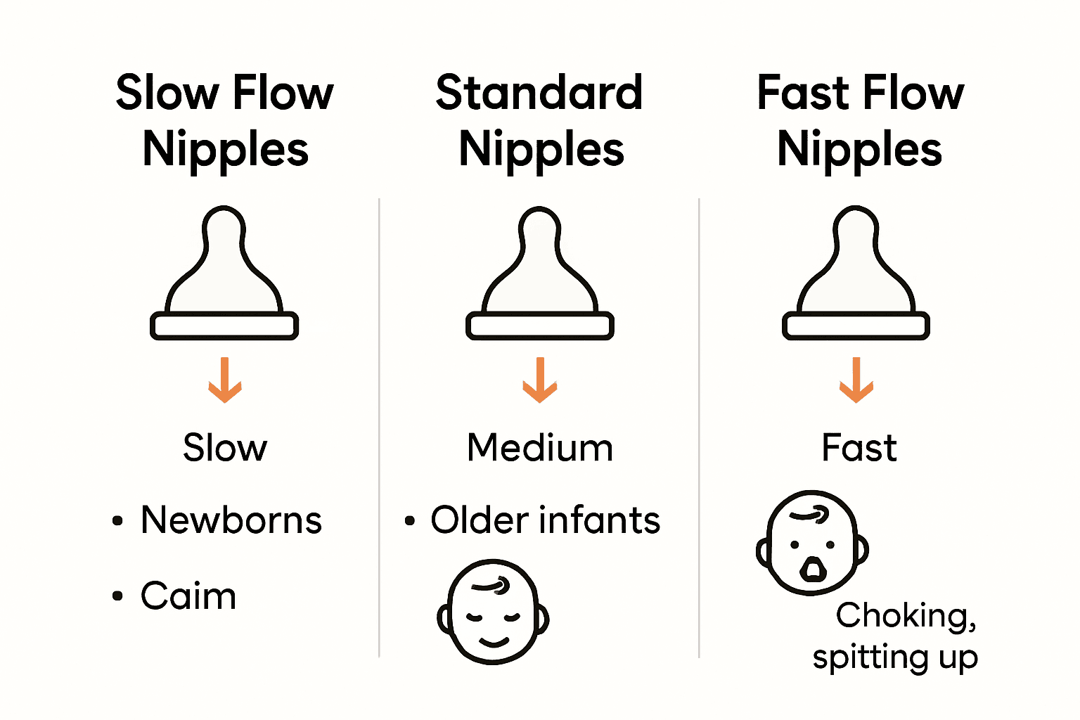 Infant nipple flow rate comparison chart with comfort and risk icons.