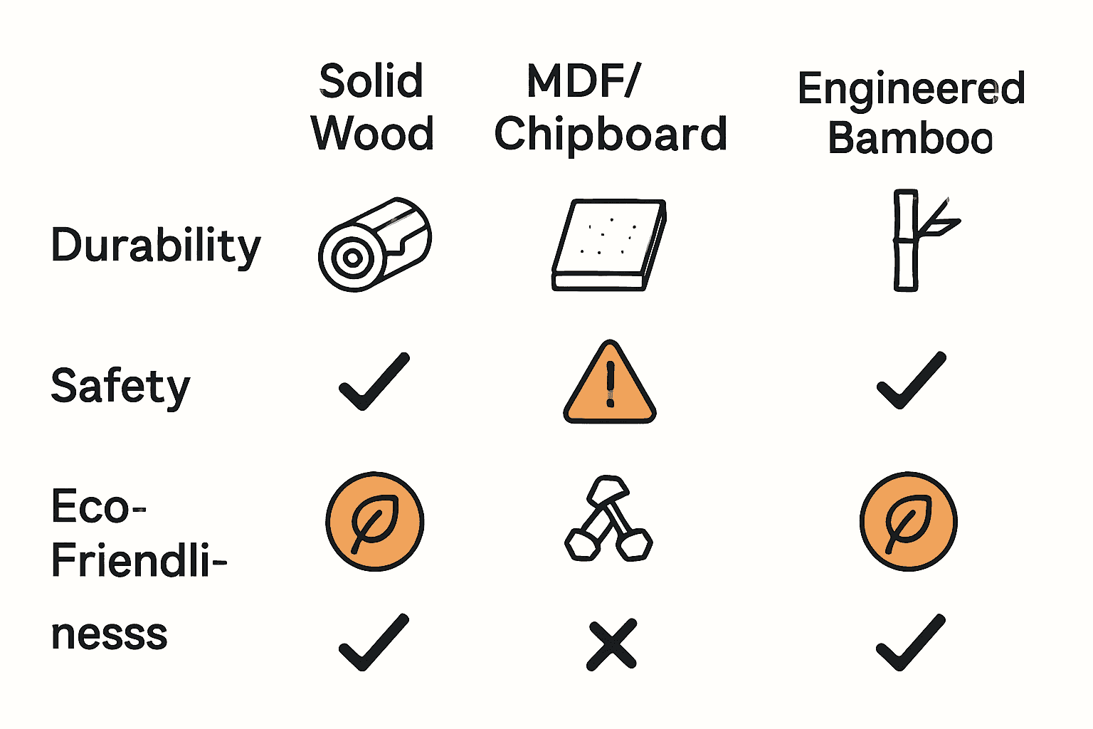 Infographic comparing solid wood, MDF, metal, and bamboo beds for toddlers.
