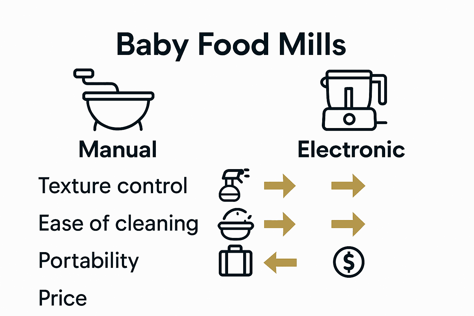 Infographic comparing manual and electronic baby food mills with icons and arrows