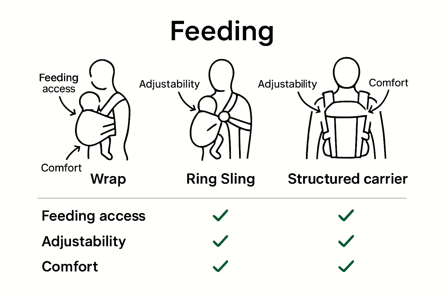 Infographic comparing wrap, ring sling, and soft structured carrier for feeding support.
