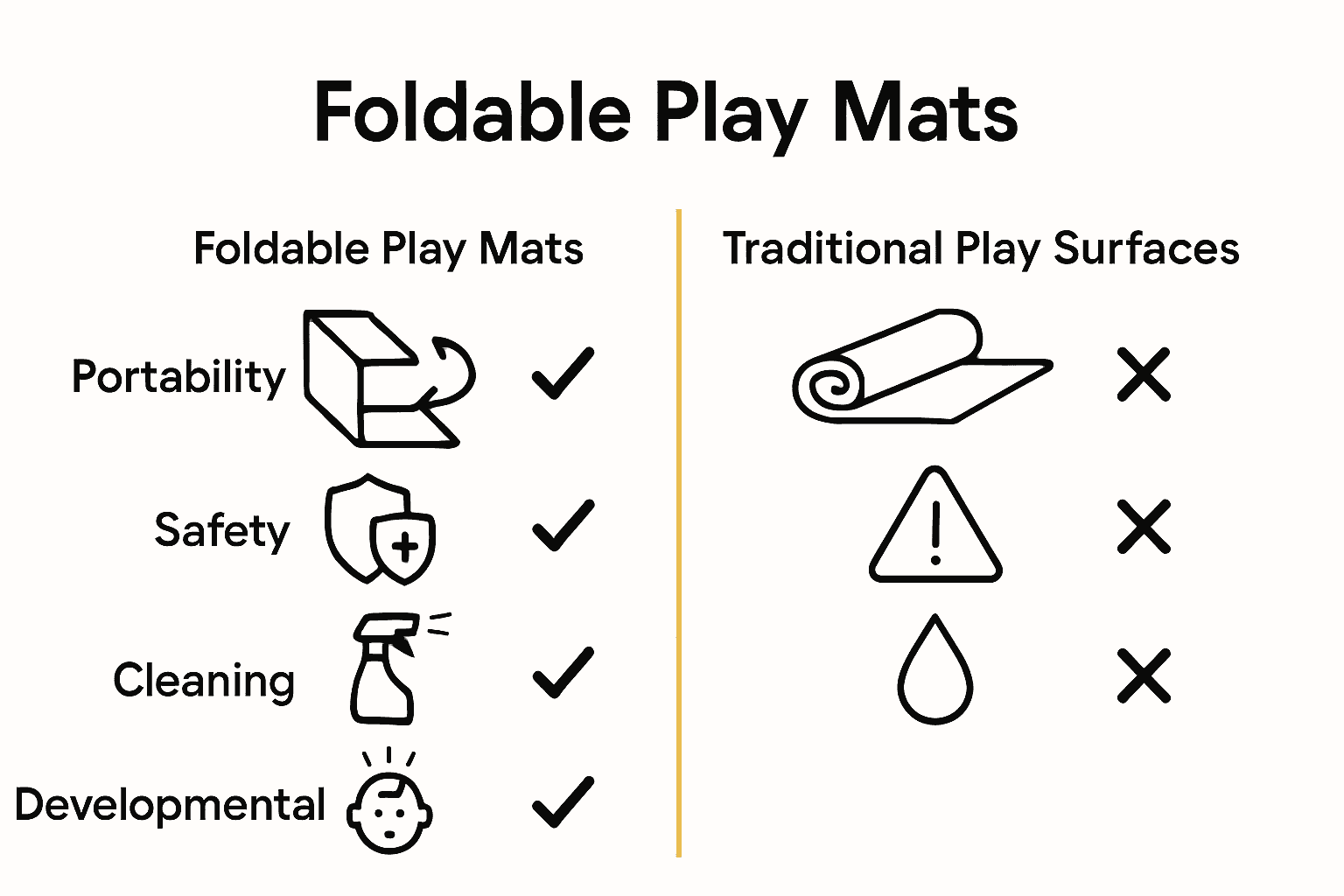 Infographic comparing foldable play mats and traditional play surfaces for children.