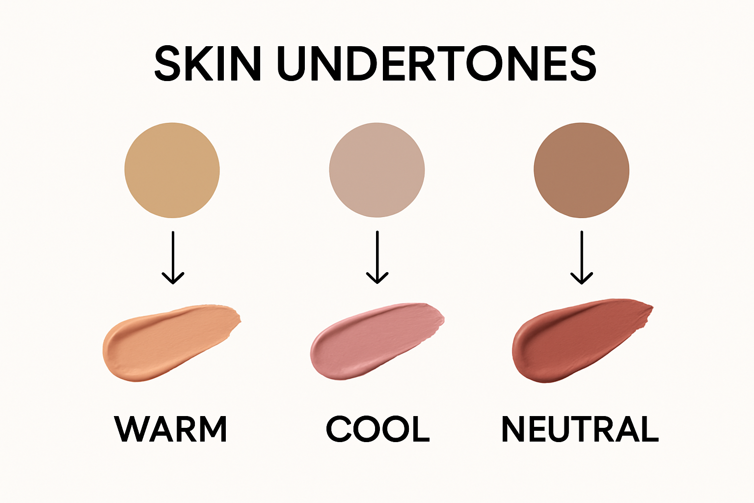 Infographic showing warm, cool, and neutral undertones with matching nude lipstick swatches