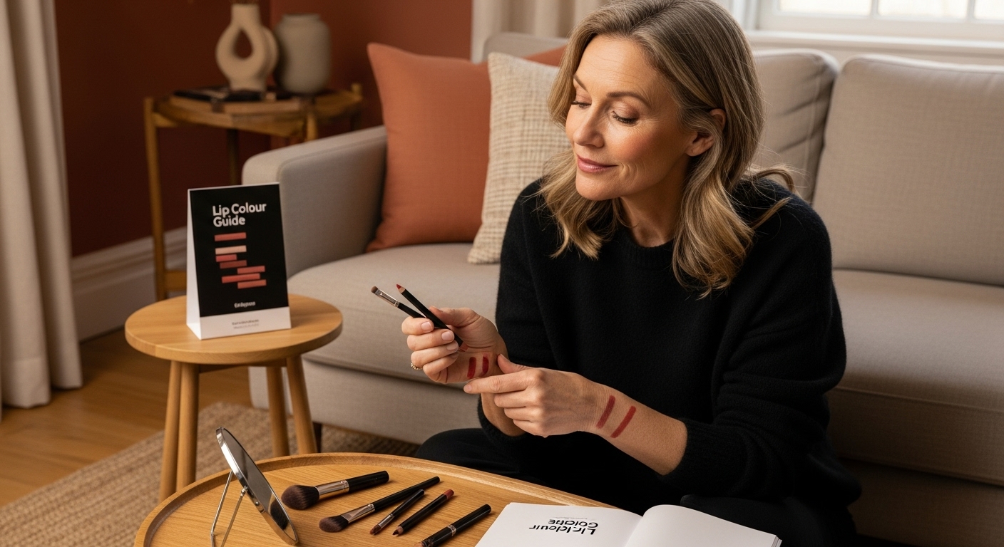mature woman testing lip liner