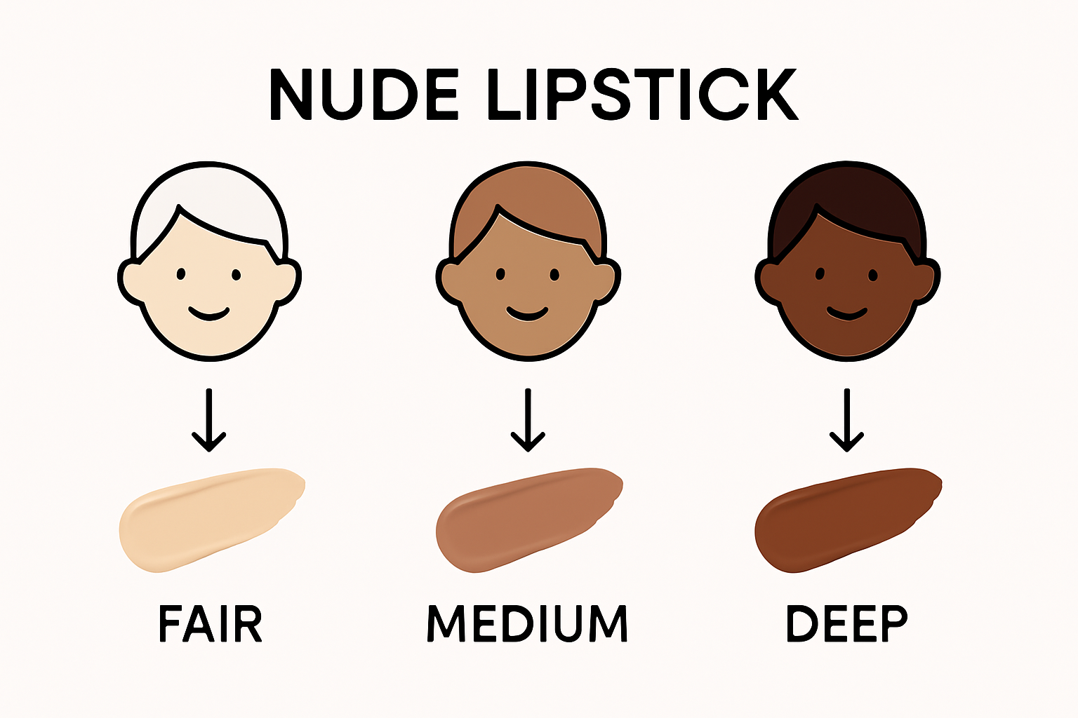 Visual comparison of best nude lipstick shade for fair, medium, and deep skin tones