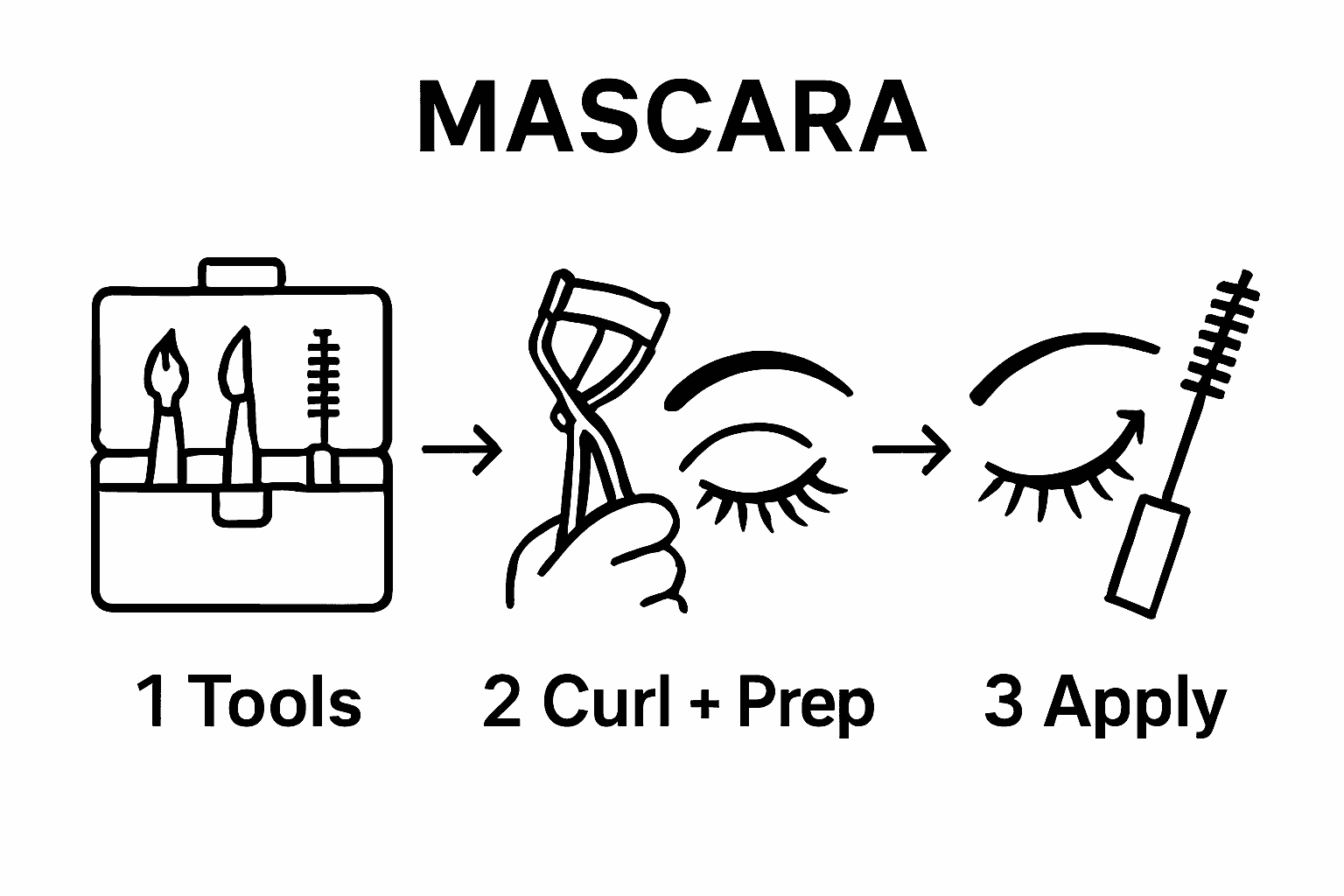 Visual step-by-step for mascara application: tools, curl, brush application.