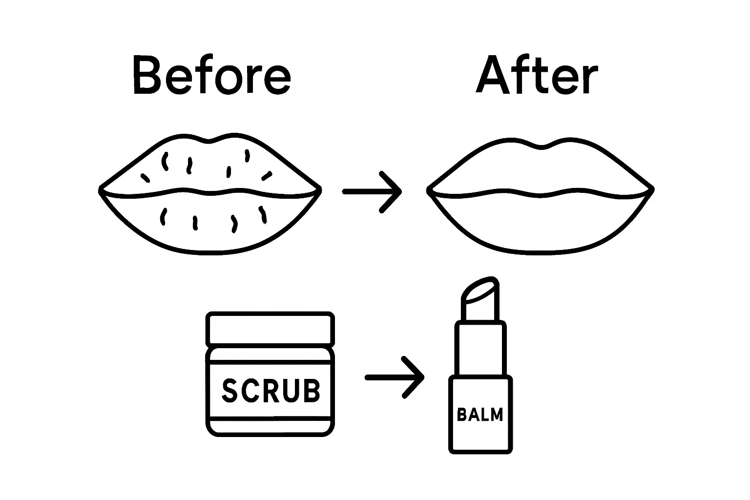 Illustration comparing lips before and after exfoliation and hydration