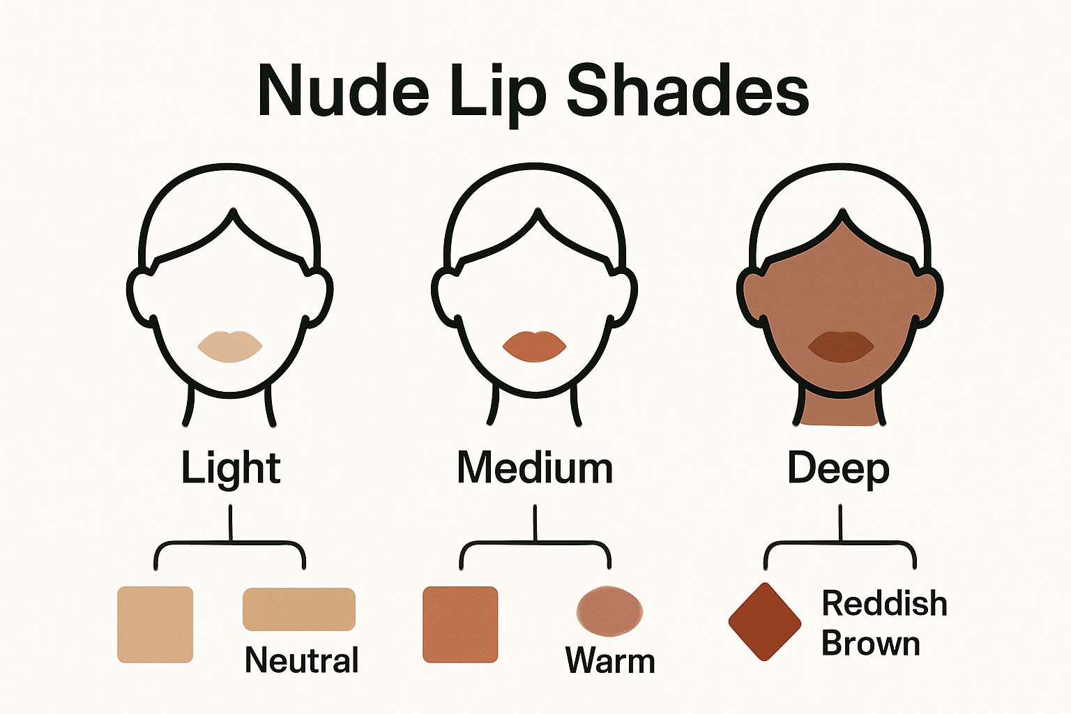 Infographic showing nude lip shades for light, medium, and deep skin tones