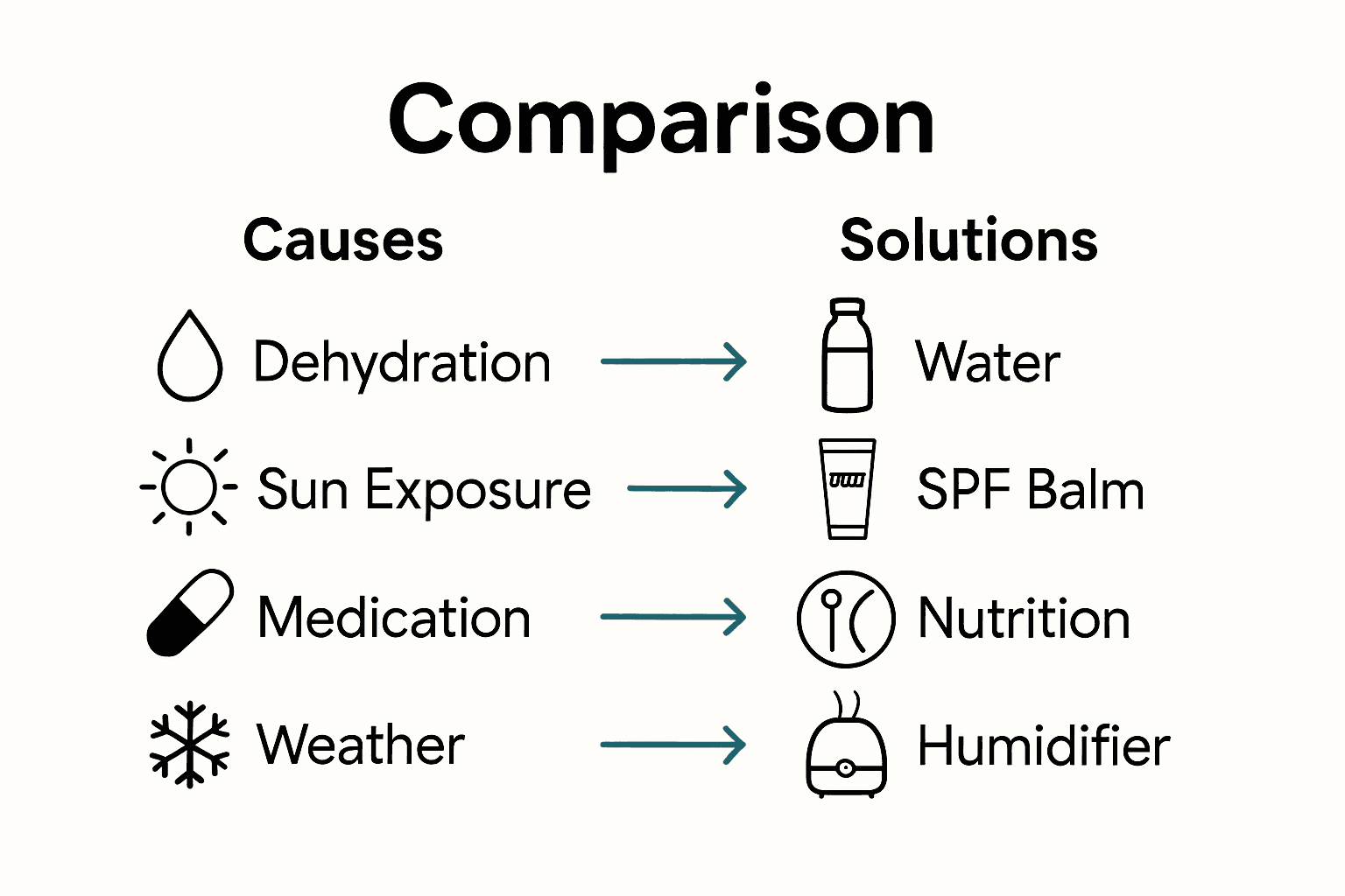 Infographic comparing causes of dry lips and their solutions with simple icons.