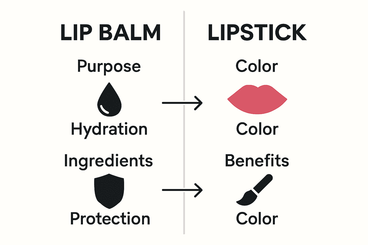 Side-by-side infographic comparing benefits and ingredients of lip balm and lipstick.