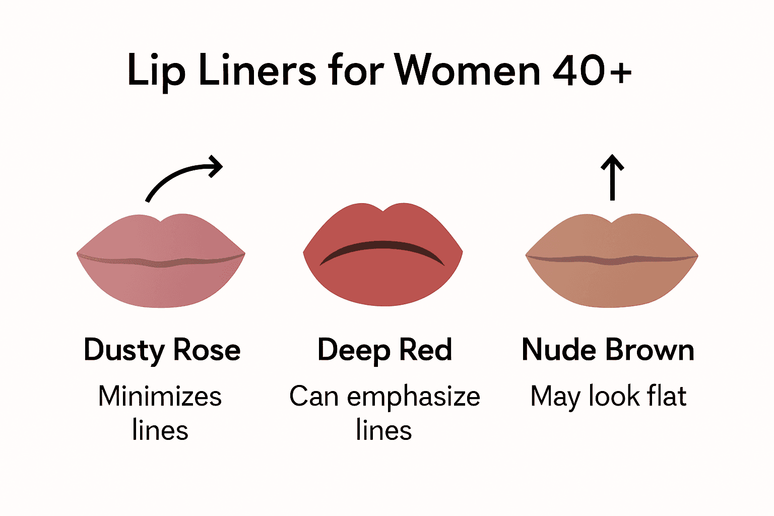 Infographic showing dusty rose vs deep red vs nude brown lip liner effects on mature lips.