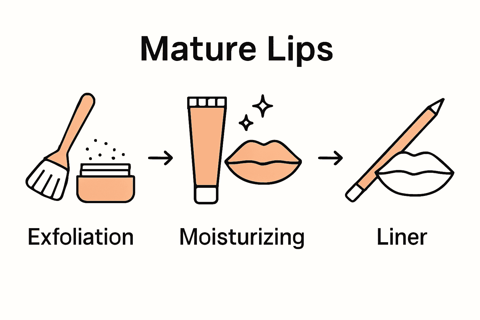 Infographic showing exfoliation, moisturizing, and defining for mature lip care steps.