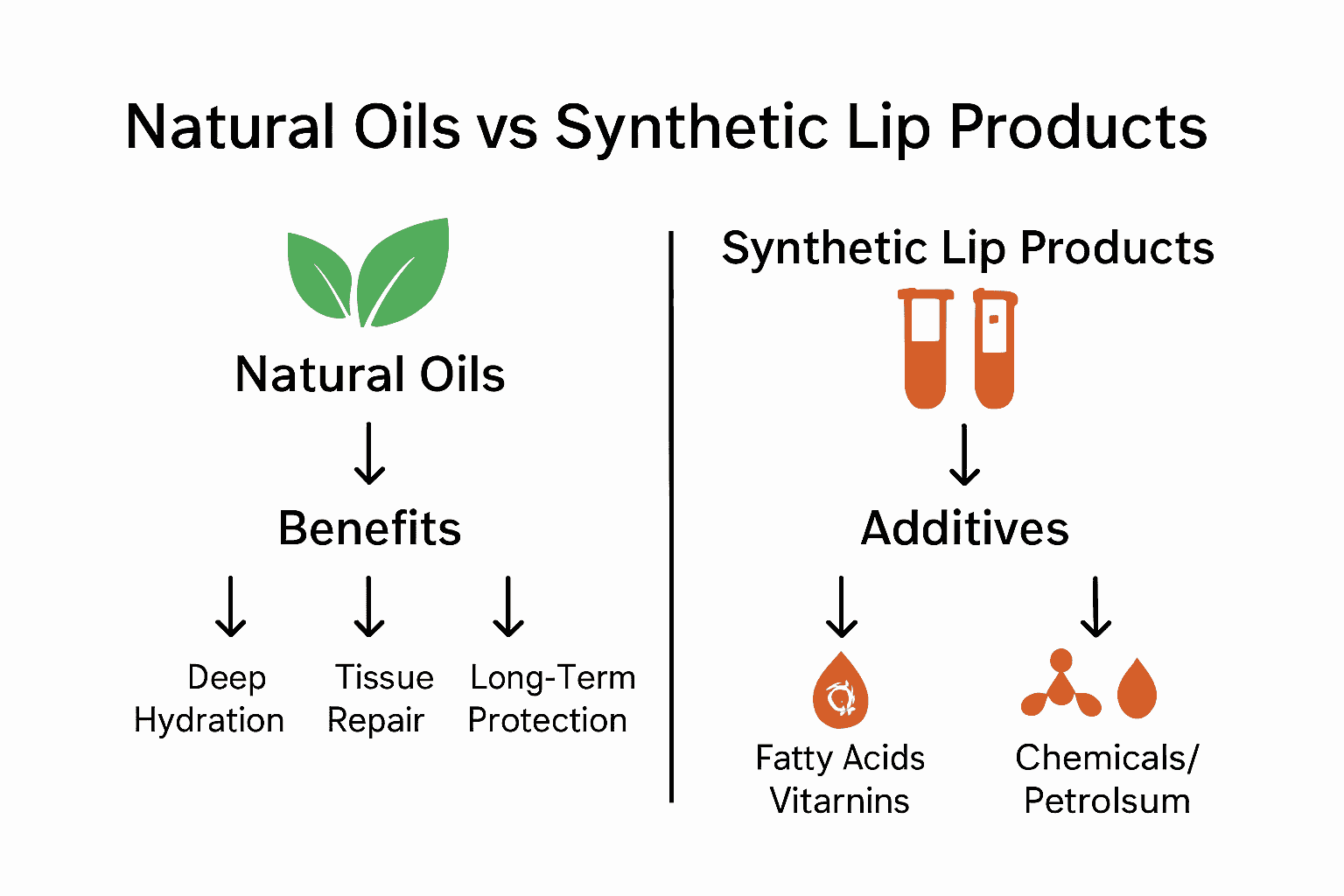 Infographic comparing natural lip oils and synthetic lip products by ingredients, benefits, and effects.