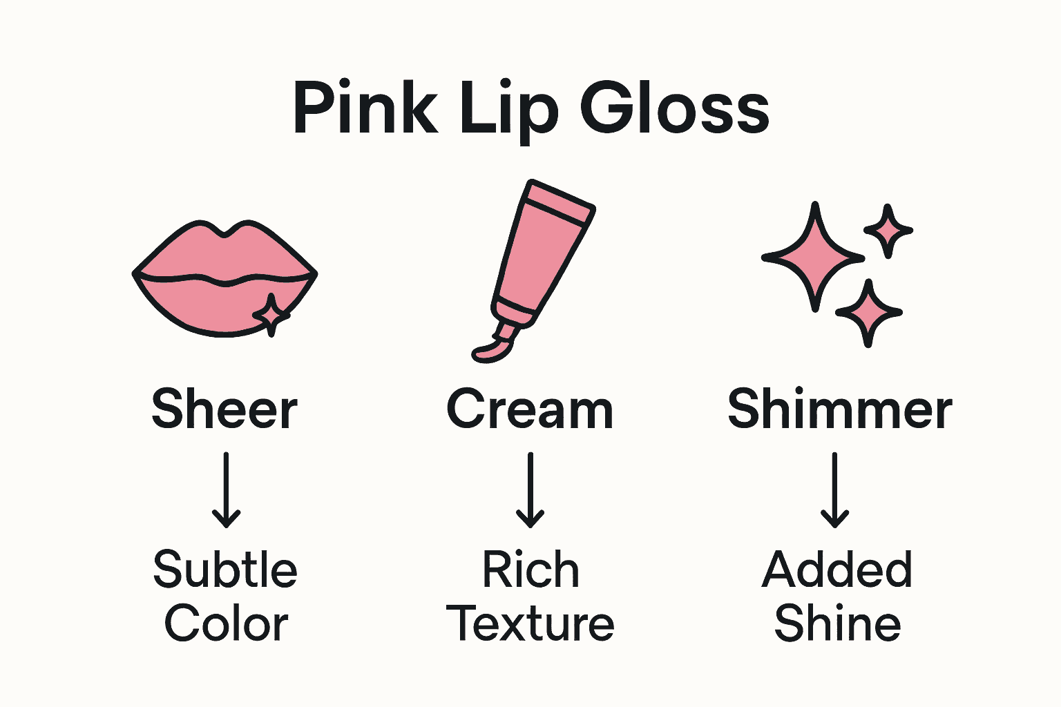 Infographic comparing sheer, cream, and shimmer pink lip gloss types for mature skin.