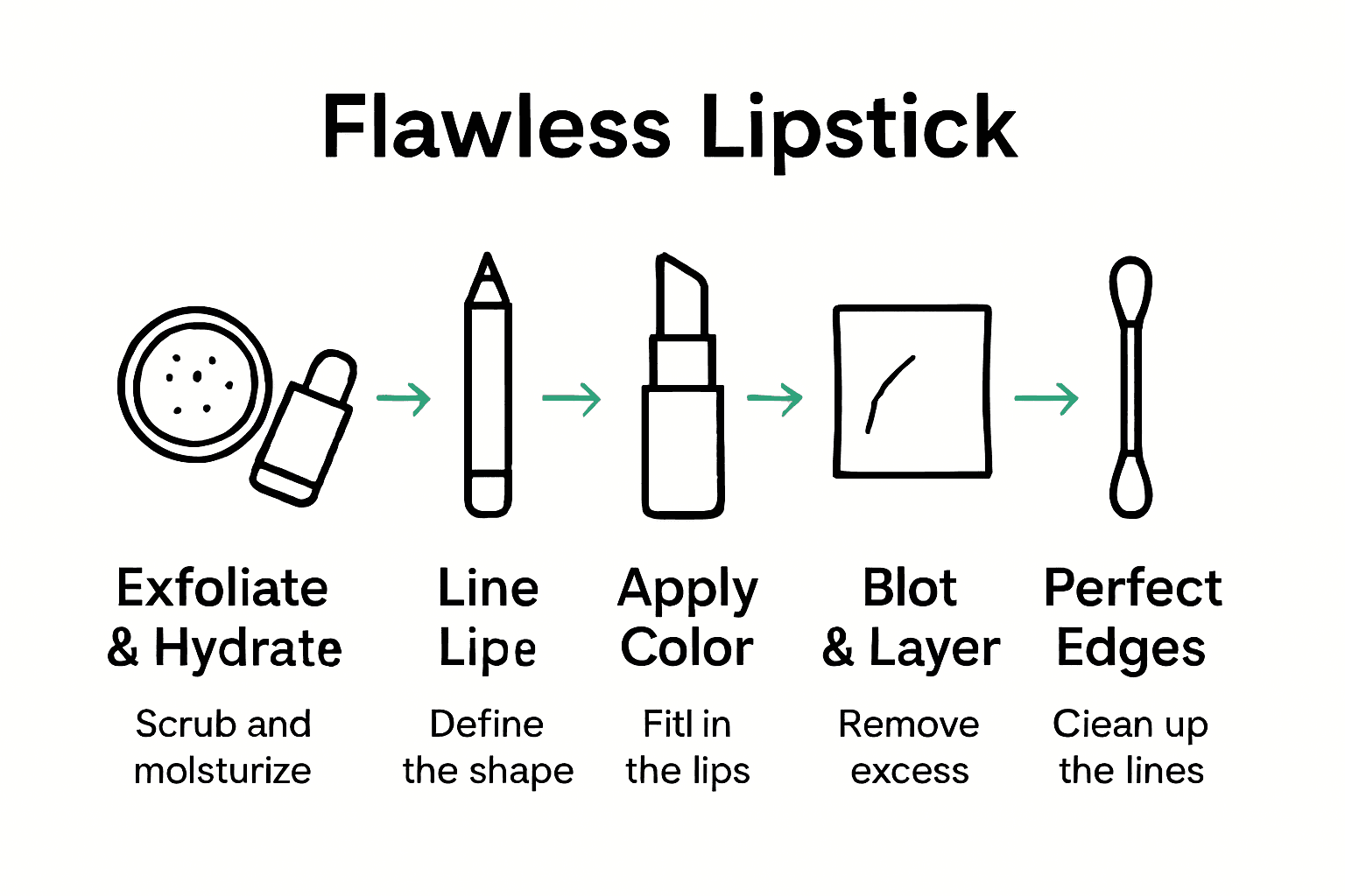 Infographic with icons showing five steps for long-lasting lipstick application: exfoliate, hydrate, line, apply, and perfect.